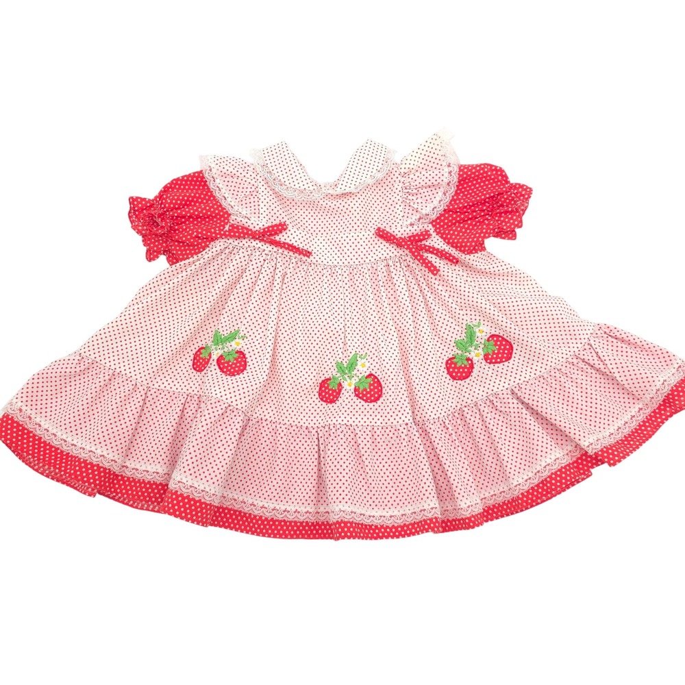 Vintage Strawberry Polka Dot Lace Trim Ruffle Dress Red Kids 12 Months